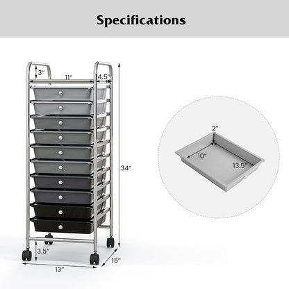 Giantex 10-Drawer Storage Cart w/Universal Wheel, Rolling Cart w/Handle, Home Organizer Storage Unit w/Removable Drawers, Trolley Utility Cart for Kitchen Makeup Living Room Office Play Room