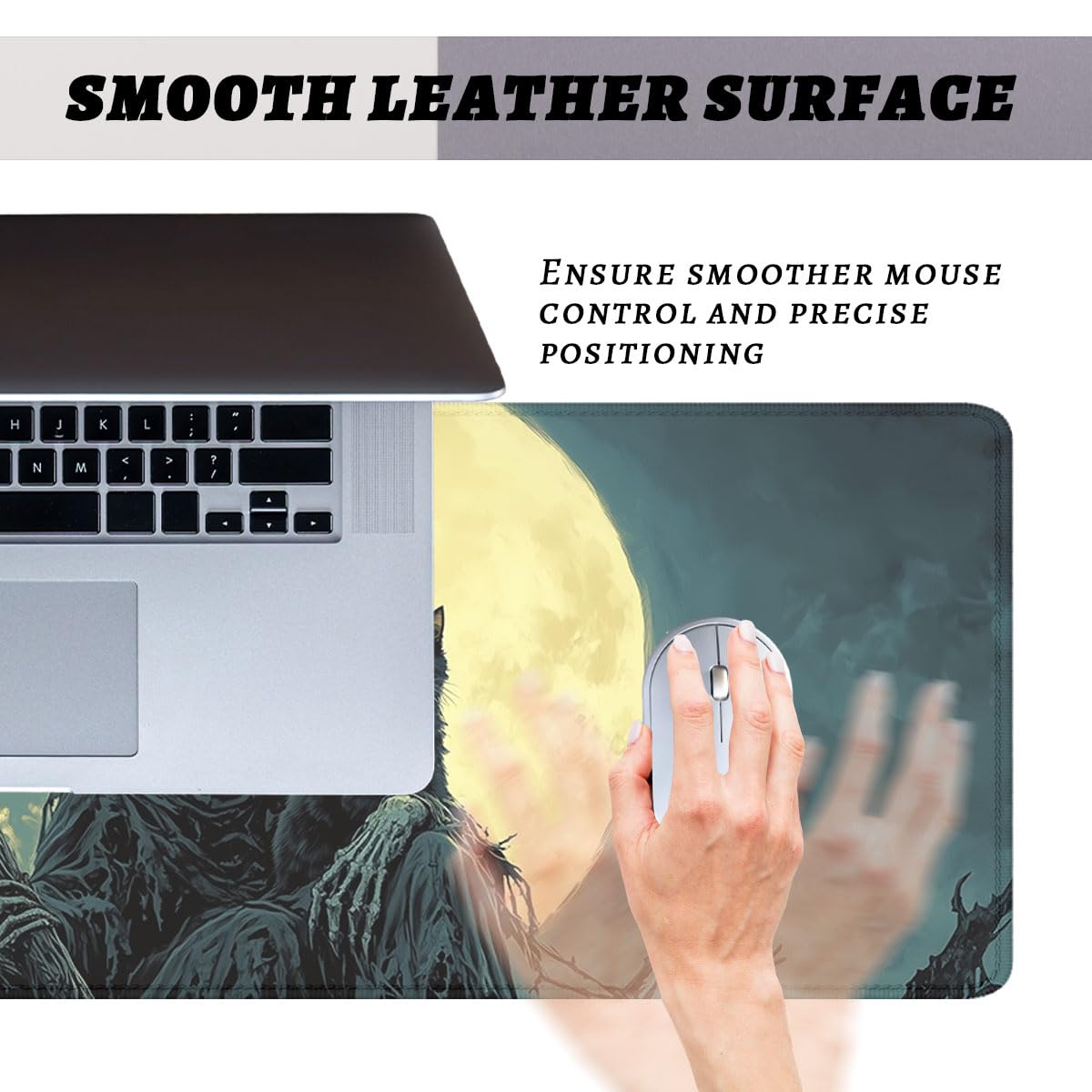 Grim Reaper Mouse Pad Dark Sickle Skull Black Cat Moon Extended Mousepad Waterproof Stitched Edges Rubber Base Non-Slip Deskpad Computer Keyboard Mat 31.5x11.8 in