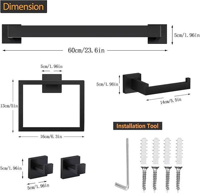 JOPOFI 5 Piece Bathroom Towel Bar Set - 23.6 Inch Bathroom Towel Holder, Thicken Stainless Steel Towel Racks for Bathroom Wall Mounted, Bathroom Hardware Accessories Set - Matte Black