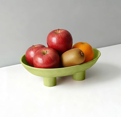 Three-Leg Ceramic Fruit Bowl, 10 Inch Oval Serving Dish for Kitchen Counter, Candy or Key Holder, Home Decor Accent Beige Green