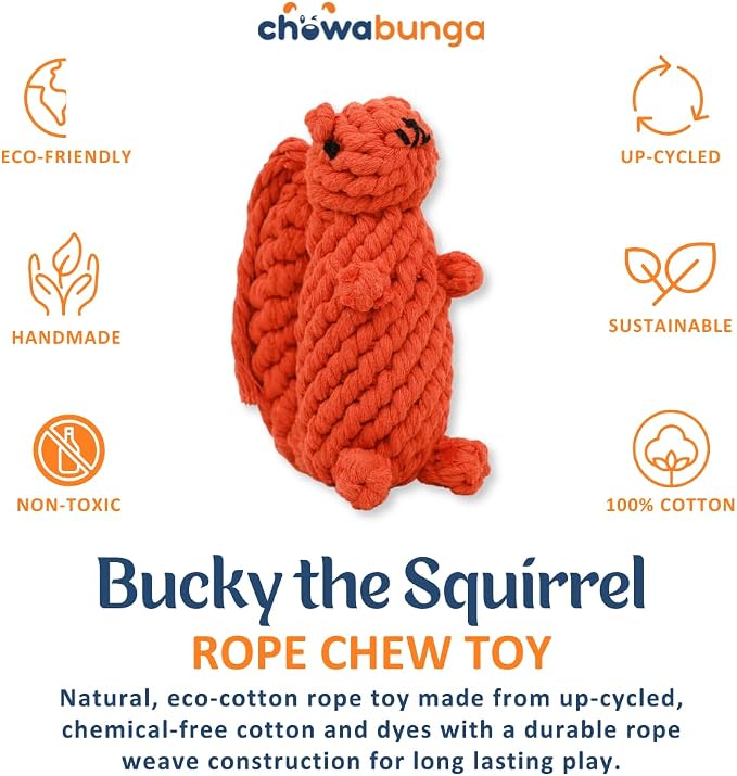 Bucky The Squirrel Dog Toy Handmade Eco Cotton Rope Squirrel Toy for Dogs - Natural, Non-Toxic Dyes, Dog Chew Toys for Small & Medium Breed Dogs, Cats (Small)