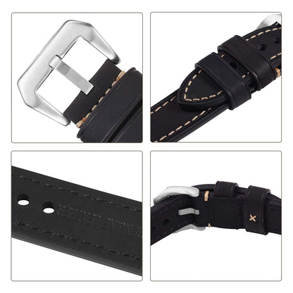 EACHE Black Leather Watch Band, Crazy Horse Genuine Leather Watchbands 22mm Watch Bands,Silver Hardware