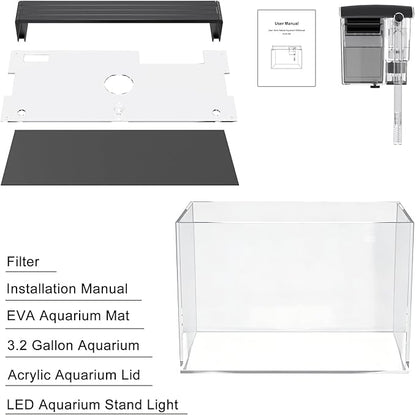 3.2 Gallon Fish Tank, Nano Nature Aquarium Kit,Small Aquarium Starter Kit,Ultra-Clear Rimless Desktop Small Aquarium with Filter and Light for Betta,Shrimp,Goldfish.Clear Glass