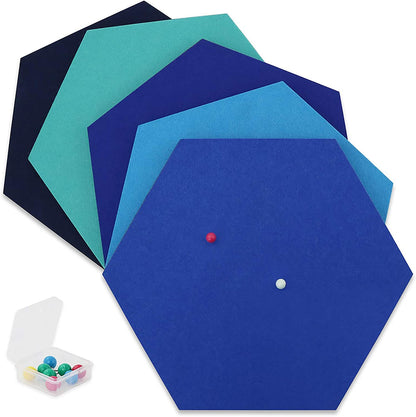 SEG Direct Hexagon Felt Bulletin Board, Large Felt Pin Board Self Adhesive Cork Board Tiles with Push Pins for Wall Office Home Decor, 11.8 x 10.2 in, 5PCS(Blue Series)