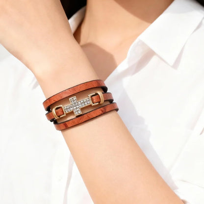 Cross Leather Bracelets Wrap Bracelets for Women Layered Leather Bracelets Bangle Cuff Jewelry for Lady （Reddish brown）