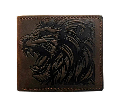 Mayan Corner - Genuine leather handcrafted wallet, bifold wallet with ID card slot, cool wallet for dad - Lion head