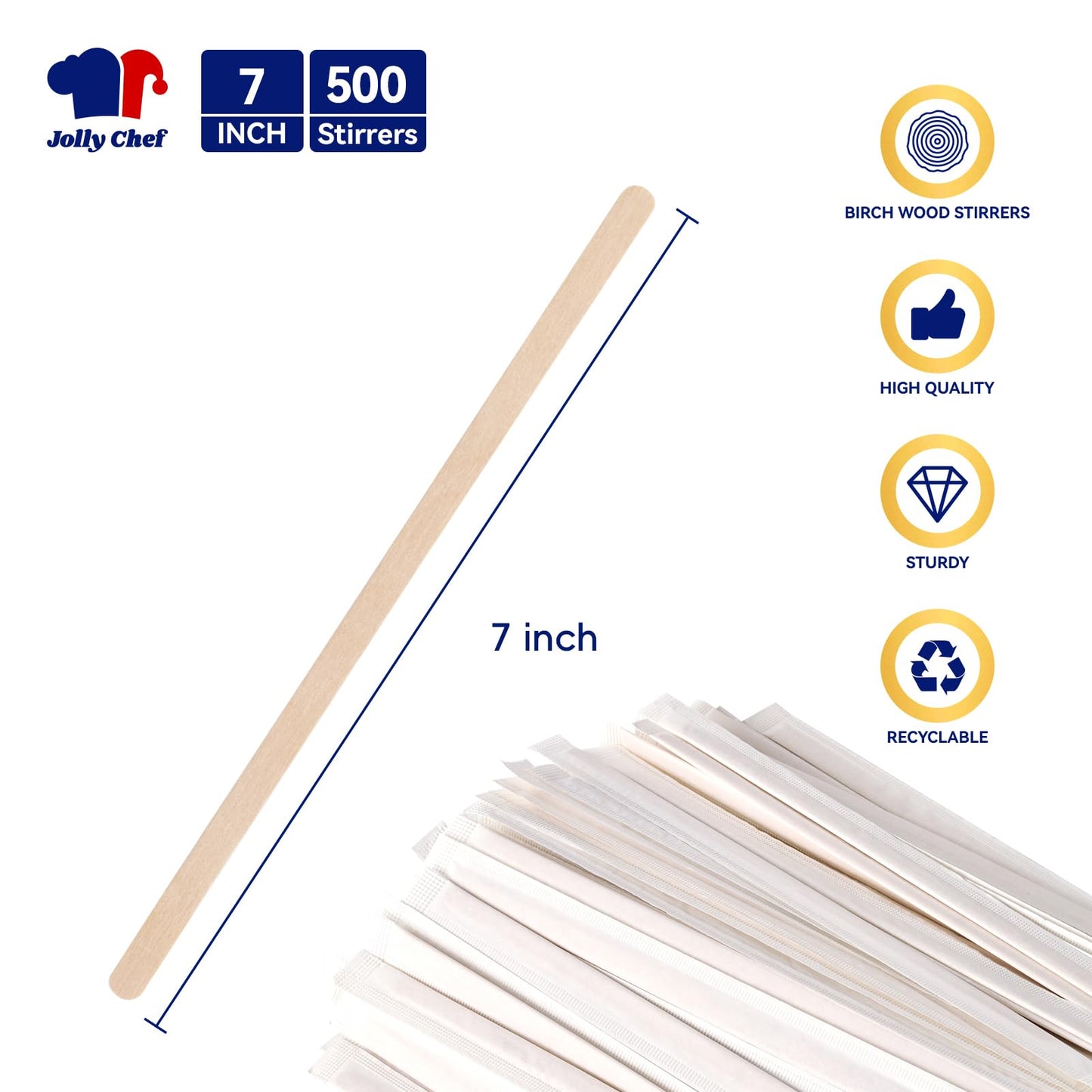 JOLLY CHEF 7 inch Wooden Coffee Stirrers 500 Count Individually Wrapped Stir Sticks Birch Stirring Sticks for Cafe, Bar
