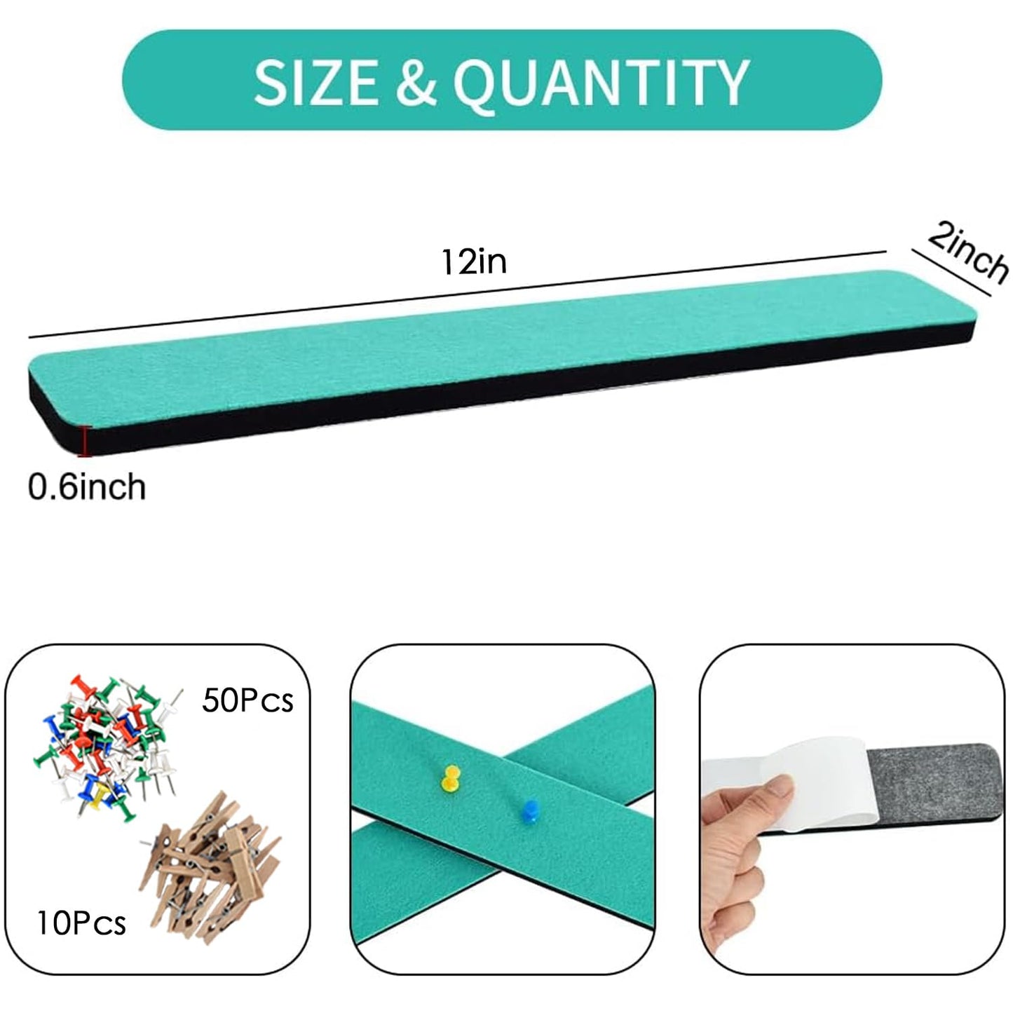 Vuzvuv 8 pcs Bulletin Board Bar Strips with 50 Pushpins & 10 Wooden Clip pins，Self Adhesive Cork Board for Wall，Felt Pin Board for School，Office Decor(Turquoise)
