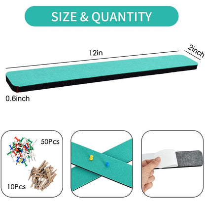 Vuzvuv 8 pcs Bulletin Board Bar Strips with 50 Pushpins & 10 Wooden Clip pins，Self Adhesive Cork Board for Wall，Felt Pin Board for School，Office Decor(Turquoise)