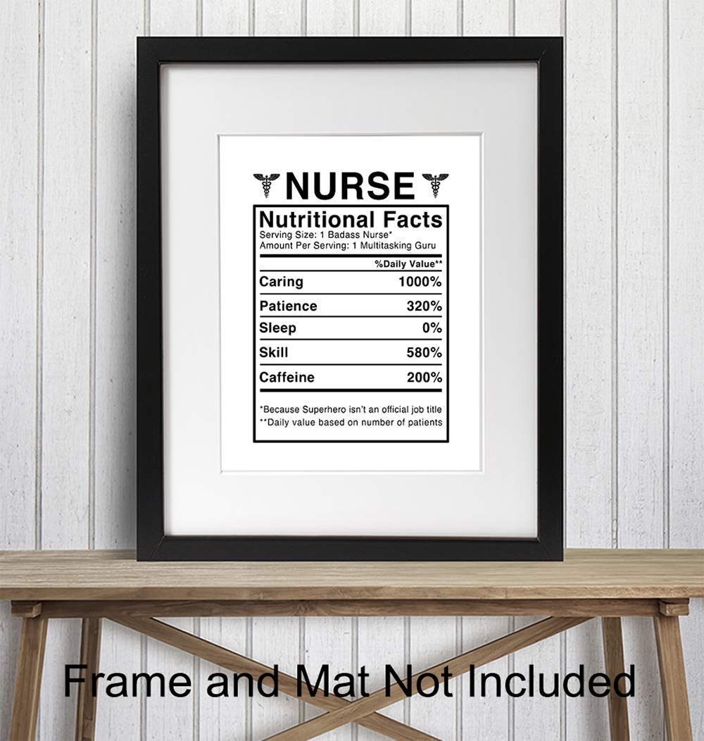 Nurse Nutritional Facts Wall Art - Funny 8x10 Room Decor, Home Decoration for Medical Clinic or Office - Unique Gift for Physicians Assistant, PA, Student - Unframed Poster Picture Sign Print