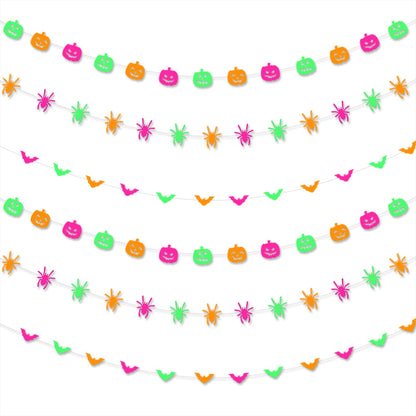 Halloween Party Decorations Neon Banner - 3pcs Glow in The Dark Paper Pumpkin Bats Spiders Hanging Swirls Streamers,Window Fireplace Room Ceiling Garland, Baby Shower Birthday Supplies Decor Panduola