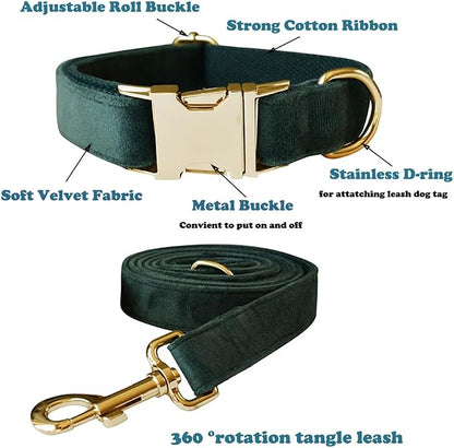 Love Dream Velvet Dog Collar and Leash Set, Soft & Comfy Adjustable Dog Leash and Collar with Heavy Duty Metal Buckle for Small Medium Large Dogs Training & Walking (Large, Green)