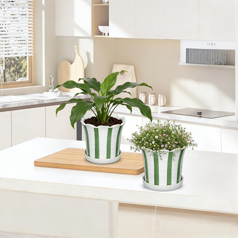 Nature Crafted Set of 2 Flower Planter, 5.8 inch Ceramic Plant Pots with Drainage Hole and Sauser, Stripe Ceramic Planters with Wavy Opening for Indoor Outdoor Home Gardening Desktop Windowsill