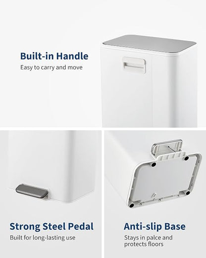 3.4 Gallon/13 Liter Trash Can, Stainless Steel Step Garbage Can with Quiet Soft-Close Lid, Foot Pedal & Removable Inner Bucket, Rectangular Trash Bin for Bathroom Home Office, White