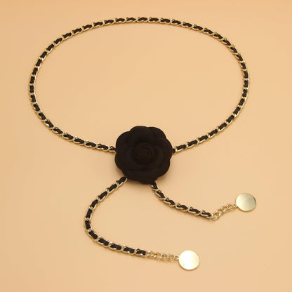 Belly Chain Belt for Women, Metal Waist Chain Body Chain Belt for Clothing Matching (Black, Fit waist up to 32")