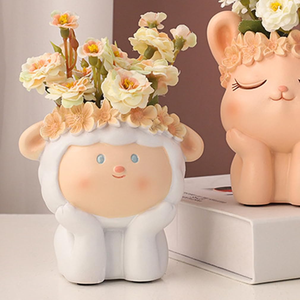 SPEALLOY Mini Fantasy Zoo Resin Pots Set - Floral Crown Cat & Sheep Succulent Planters w/Drainage Holes (3.5"x2.8"x3.5")