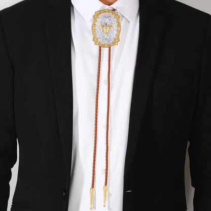 GelConnie Western Bolo Tie for Men Gold Cow Skull Pendant on Brown Leather Bolo Tie Handmade Western Ties Cowboy Necktie Accessories