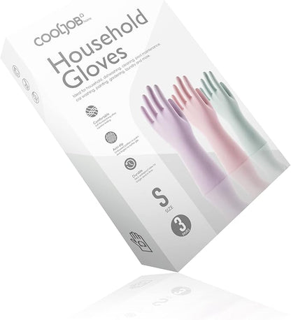COOLJOB 3 Pairs Colorful Household Gloves with Cotton Liner & Non-slip Grip, Water Resistant Reusable Dish Washing Rubber Gloves for Kitchen & Bathroom Cleaning, Small