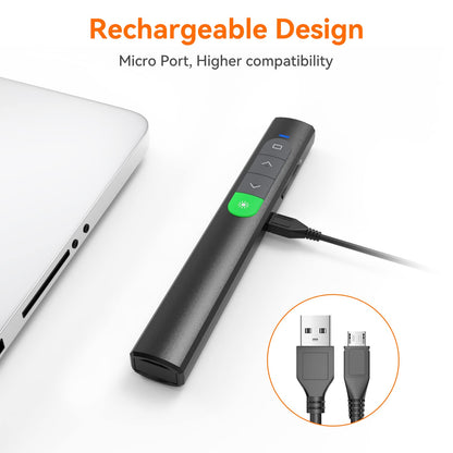 Wireless Presentation Clicker PowerPoint Presenter Remote: Rechargeable Green Laser Pointer Clickers for Computer/Mac/PPT/Slideshow/Google Slide Advancer