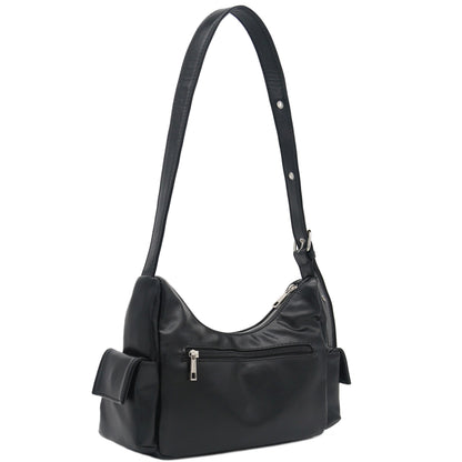 FashionPuzzle Glossy PU Leather Multi Pocket Shoulder Bag Hobo (Black)