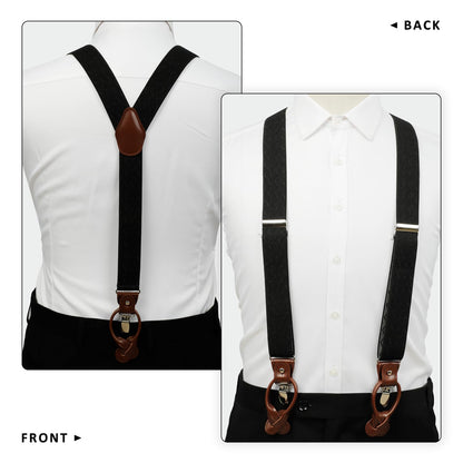 LEHOMU Men Suspenders Adjustable,1.4 Inch Wide Heavy Duty Y-Back Elastic Tuxedo Elastic Mens Suspenders with Leather Buttons and 3 Metal Clips,Black and Grey Stripe