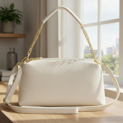 TAKEASY Italian Calf Leather Crossbody Handbag for Women with 2 Zippered Compartments | Everyday Shoulder Purse with Strap (Beige)