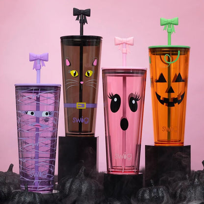 Swig Life 24oz Plastic Tumbler, Halloween Cup Holder Friendly Travel Tumbler with Lid & Straw, BPA Free Plastic Cups, 24 oz Reusable Water Cup with Lid & Straw (Boo Crew Ghost)