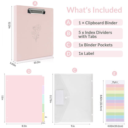 SKYDUE Pink 3 Ring Binder with Clipboard,1 Inch Linen Binder for 3 Hole Punch Letter Size Loose Leaf Paper with 5 Dividers, Pocket and Labels School and Office Supplies