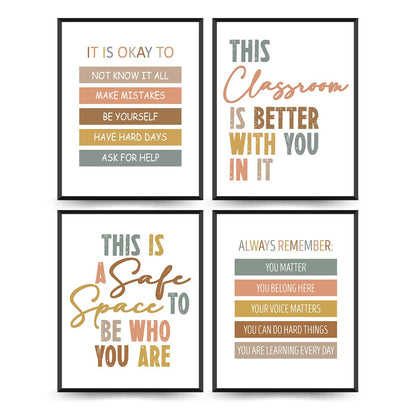 PLKMN Boho Classroom Wall Art Set of 4, Positive Motivational Posters, Rainbow Decor for Nursery, Kids Room, Play Area, 8x10 Inch, Unframed
