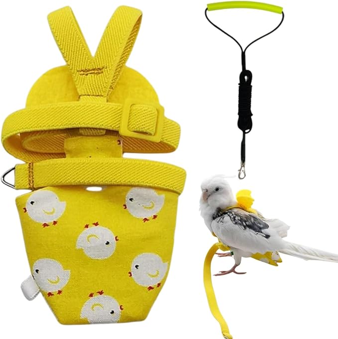 Adjustable Bird Diaper Harness Flight Suit Clothes with 80 Inch Flying Leash Rope for Parrots Conure Cockatiel (Yellow,S)