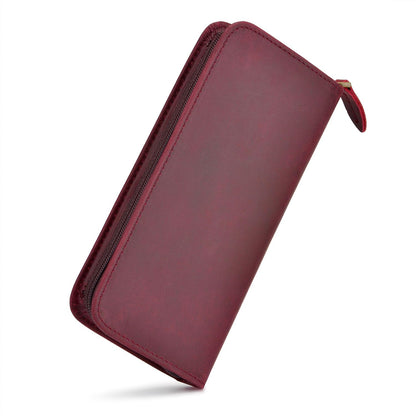 Asvine Fountain Pen Case 3 Divided Slots Crazy Horse Leather Pen Holder, Handmade Display Zippered Pouch for Rollerball Pen-Wine