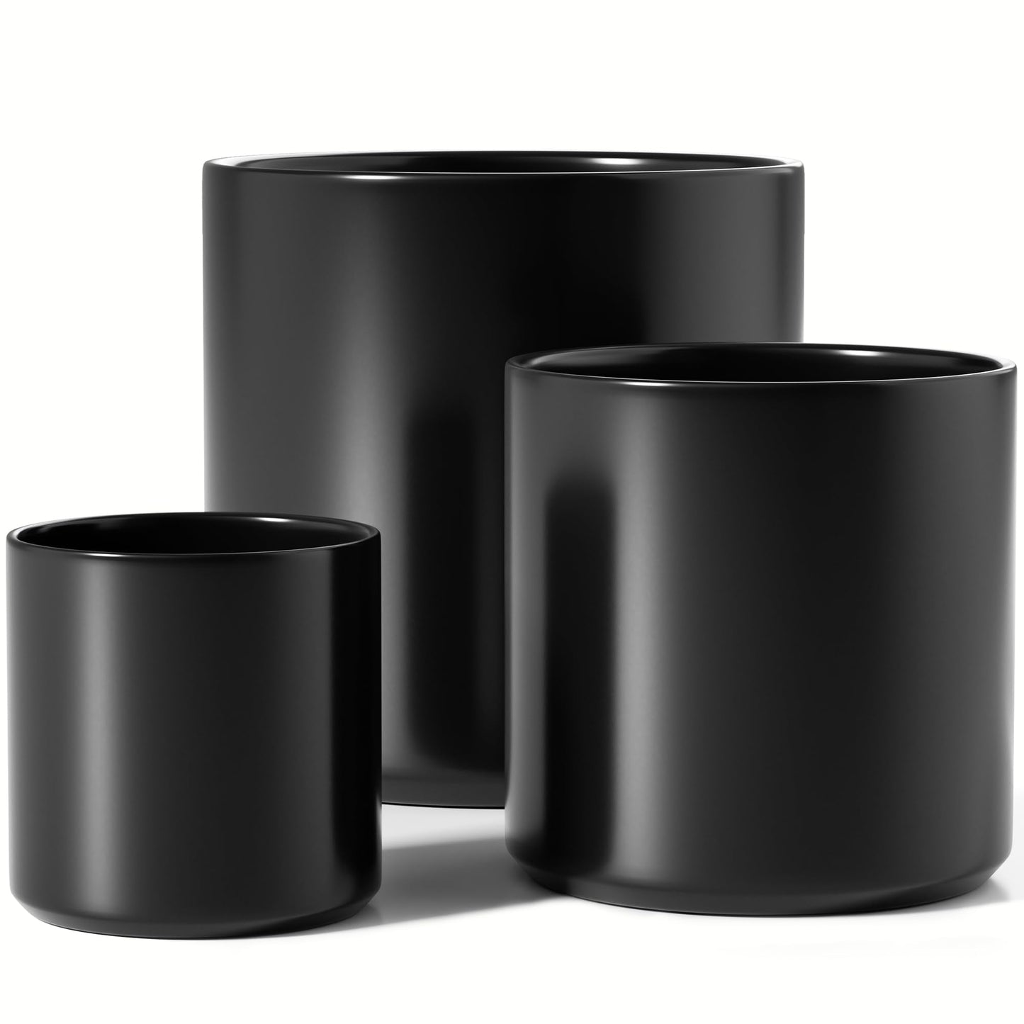 LE TAUCI Ceramic Pots for Plants, 10/8/6 Inch Indoor Planters with Draiange Hole, Silicone Plug & Mesh Pad, Modern Minimalist Pots for Home Office, Set of 3, Satin, Black