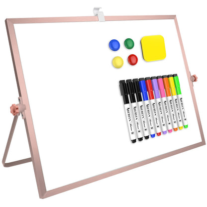 16 x 12 inches Dry Erase Whiteboard, Rose Gold Magnetic Desktop Double-Sided White Board with Stand, 10 Markers, 1 Eraser, 4 Magnets, Portable Whiteboard Easel for School Office Home