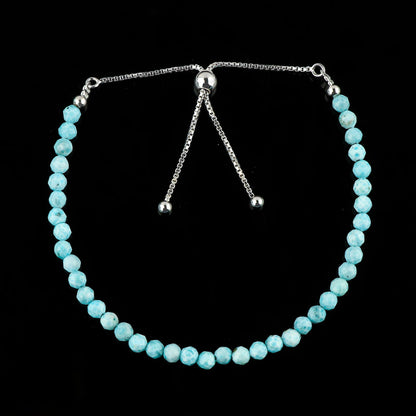 CRYSTALIS 4mm+ Natural Larimar Pectolite Beads Slider Bolo Bracelet, Beaded Crystals, Chakra Healing Stones, Delightful Womens Gemstone Jewelry, 925 Sterling Silver 10 inch