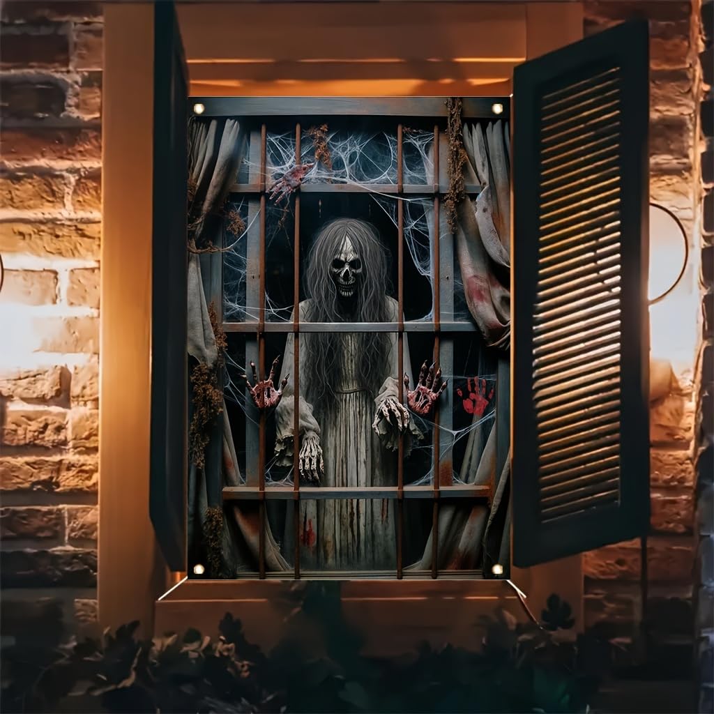 Tomhong Halloween Window Cover 31x47 Inch Scary Skeleton Ghost Window Banner HauntedHouse Decoration Bloody Hands Cobwebs Horror Indoor Outdoor Wall Spooky Party SeasonalDecor