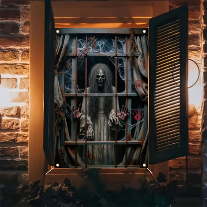 Tomhong Halloween Window Cover 31x47 Inch Scary Skeleton Ghost Window Banner HauntedHouse Decoration Bloody Hands Cobwebs Horror Indoor Outdoor Wall Spooky Party SeasonalDecor