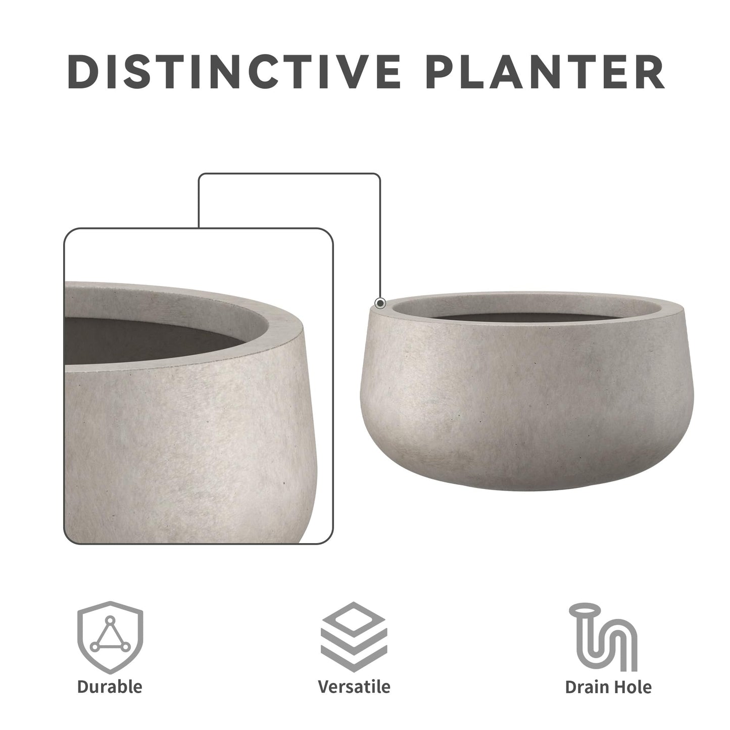 Kante 11.8" Dia Round Concrete Planter, Cement Plant Pots with Drainage Hole and Rubber Plug for Outdoor Indoor Garden Home, Modern Curvaceous Design, Weathered Concrete