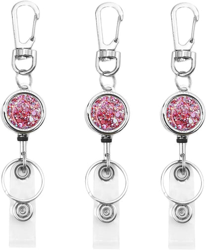 bolimoss Glittery Badge Holder Reel Retractable for Women Girls, Metal Badge Holder with Belt Clip Key Ring and Reinforced Steel Cord for ID Card Keychain (3 Pack Pink)