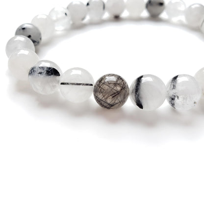chengmu 8mm Black Rutilated Quartz Stretch Bracelet, Natural Gemstone Round Stone Crystal Beads for Beaded Elastic Bracelet 7.5"