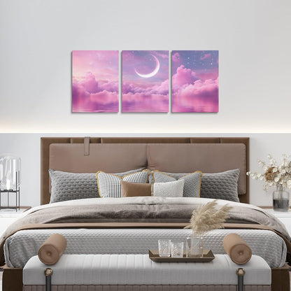 Feelyou Pink Purple Galaxy 3 Piece Canvas Wall Art for Living Room Bedroom Starry Moon Wall Art for Home Decor Dreamy Nebula Office Decor Artwork Outer Space Picture Painting Posters