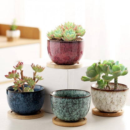 YYW Ceramic Plants Pots 3 Inch Set of 4 Flower Pots with Drainage and Bamboo Tray for Indoor/Outdoor Small House Plants,Foliage Plant (Set 2)