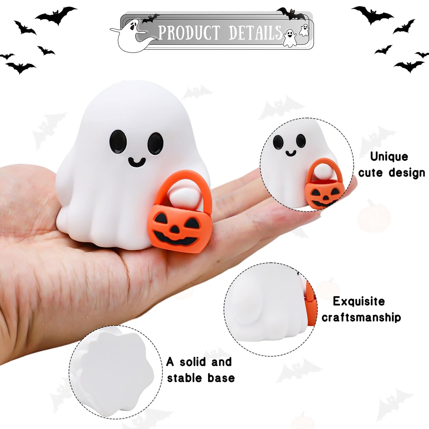 2 Pcs Halloween Ghost Figurine Cartoon Cute Spooky Carrying Pumpkin Basket Desk Display Ornament Tiny Trick or Treat Ghost Resin Halloween Statue for Home and Office Tabletop Decor Supplies
