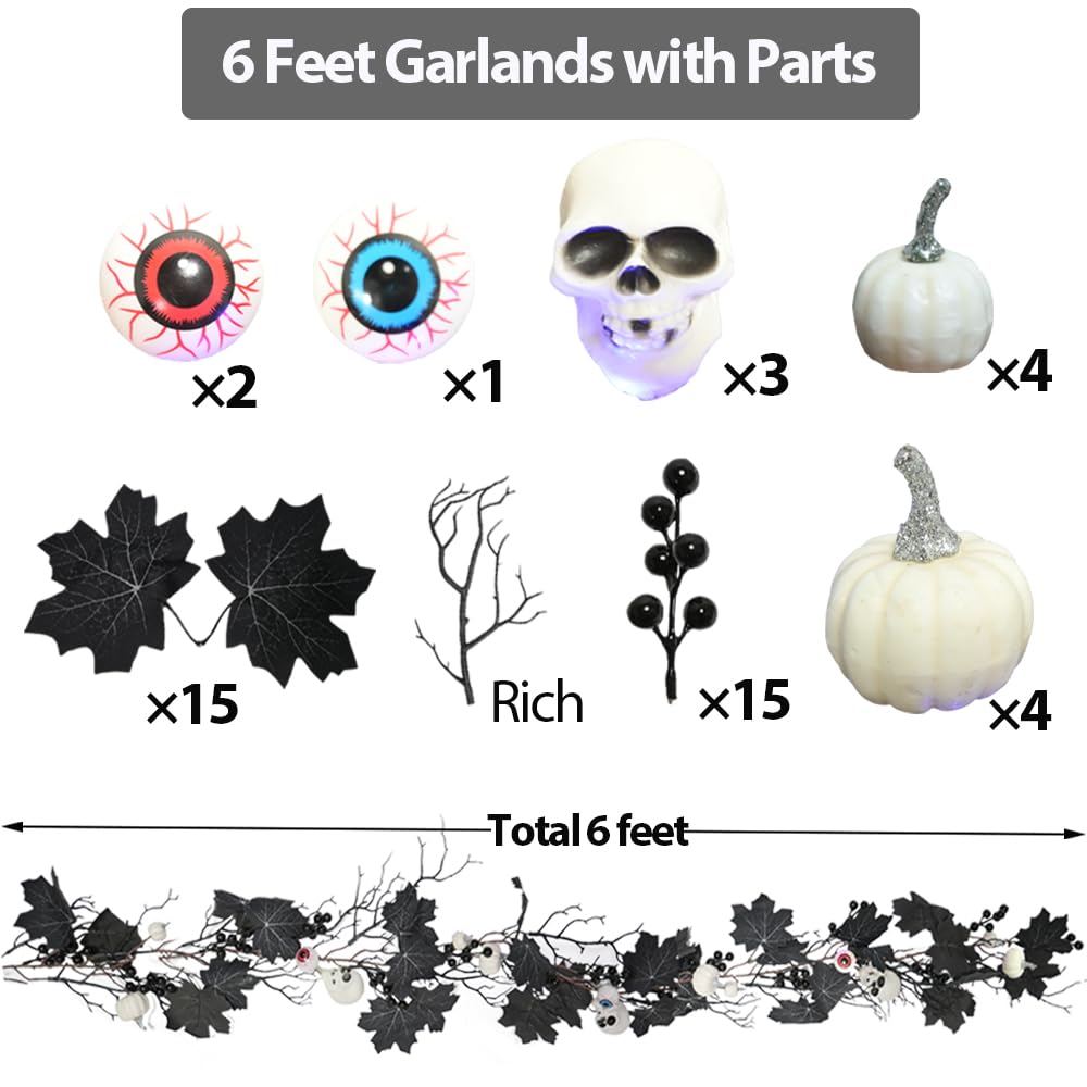 HamiFinee Halloween Garland Lights 6FT Battery Operated with Timer Pumpkins Eyeballs Skulls Berries Maple Leaves Dead Branch Black Garland for Fall Party Mantle Wall Home Indoor Halloween Decoration