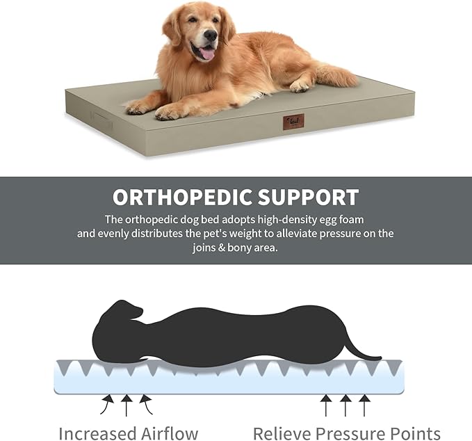 Outdoor Dog Bed for Small Dogs, Waterproof Dog Crate Bed for Medium Dogs Cats, Orthopedic Egg Crate Foam Pet Bed with Washable Removable Oxford Cover, Khaki