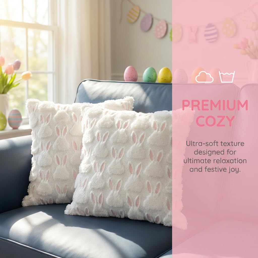 XLMJDZQ Easter Pillow Covers 18x18 Inch, Spring Pillow Covers Set of 2, Super Soft Plush Throw Pillow Shams with Bunny Design for Couch, Farmhouse Spring Decor, Hidden Zipper & Machine Washable
