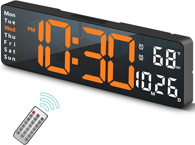Abovsare Digital Wall Clock for Living Room Decor, Desk Alarm Clock for Bedroom, Large Wall Clock with Remote Control, Automatic Brightness Dimmer LED Clock with Date Temperature Week (Orange-B)