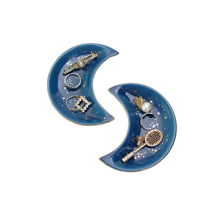 Soddeph Small Moon Ceramic Jewelry Tray, Decorative Trinket Dish, Ring Holder Plate, Modern Accent Tray for Bathroom, Nightstand, Entryway Table, Vanity (2, Blue)