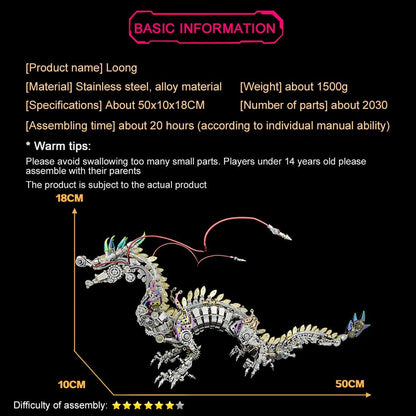 3D Metal Puzzle - Large Chinese Dragon Model Kit - Mechanical Metal Jigsaw- DIY Desk Ornament - Assembly Dinosaur Crafts Brain Teaser - Perfect for Adults