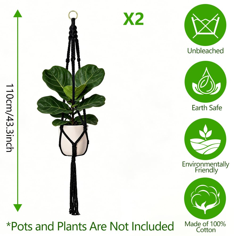 Jaxbo Macrame Plant Hangers 2 Pack Indoor Outdoor Hanging Planter Basket Handmade Rope Hanging Plant Holder for Indoor Outdoor Boho Home Decor 41 Inch, Black