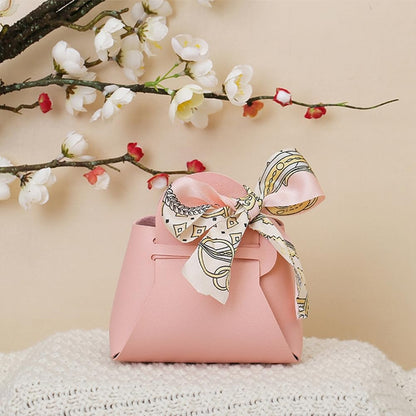 CALFOVERA 12 Pack Small Party Favor Boxes Reusable Faux Leather Gift Candy Wrapping Bags with Handle Ribbon Pink Mini Treat Handbags for Weddings Party Guest Gift Bridal Showers Birthday Halloween
